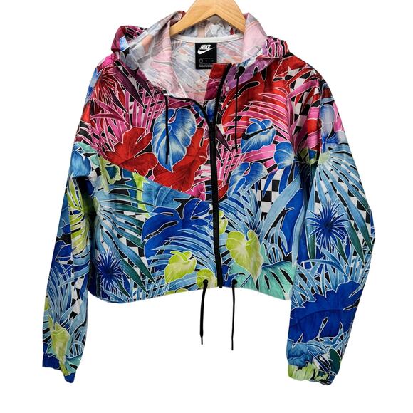 Nike Jacket Womens Medium Cropped Hooded Full Zip Lightweight Windrunner Floral - Picture 1 of 11